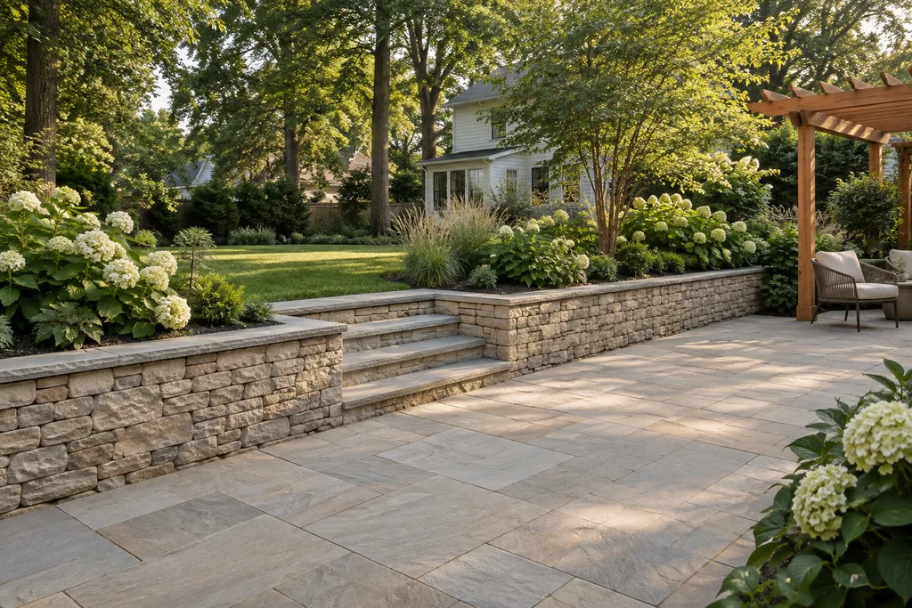 Outdoor design concept combining a stone patio and planted garden